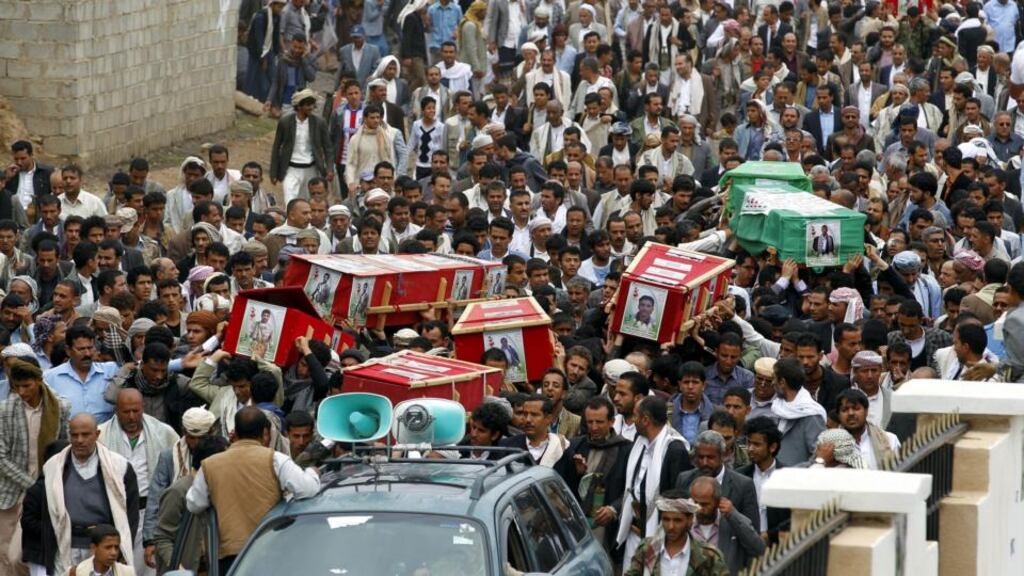 Houthi supporters carry the coffins on Monday of comrades killed allegedly in an airstrike carried out by the Saudi-led coalition on a Houthi position in Sanaa, Yemen. A Saudi-led coalition has been bombing the Houthis and allied loyalists of ex-president Ali Abdullah Saleh for two months while backing Sunni combatants along a jumbled series of battlefronts. Photograph: Yahya Arhab/EPA