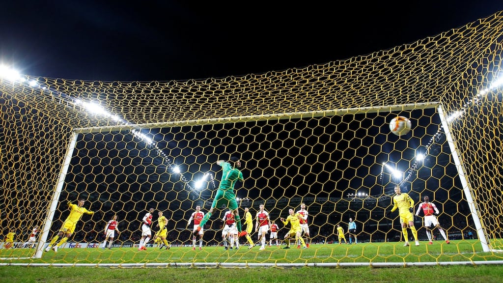 Stanislav Dragun scores BATE Borisov’s winner against Arsenal. Photograph: Vasily Fedosenko/Reuters