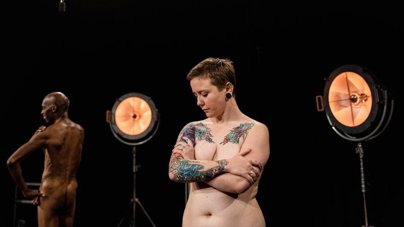 Robert Lee Harris and Emilie Belle Zander Moller posing for a portrait that will be used to promote an episode of Ultra Strips Down. Photograph: Betina Garcia/The New York Times