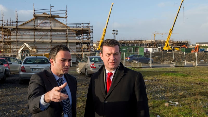 Minister for the Environment Alan Kelly with TD John Lyons visiting the site of a modular housing project at Balbutcher Lane, Poppintree, Ballymun, Dublin. Photograph: Dara Mac Dónaill/The Irish Times