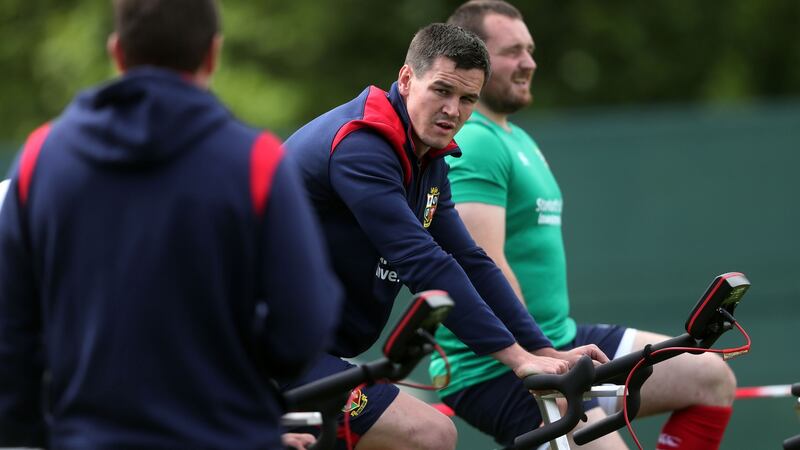 Johnny Sexton on a static bike during training at Carton House last week. Photo: Niall Carson/PA