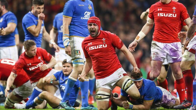 Cory Hill celebrates his score against Italy. Photograph: James Crombie/Inpho