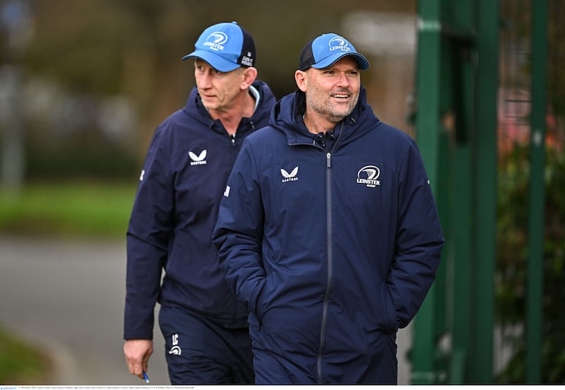 Leo Cullen and Jacques Nienaber during a Leinster rugby squad training at UCD. Photograph: Sam Barnes/Sportsfile