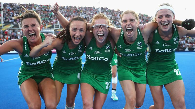 Nicola Evans, Yvonne O'Byrne, Zoe Wilson, Kathryn Mullan and Hannah Matthews of Ireland celebrate their victory in the Women's Hockey World Cup in London. Photograph:Christopher Lee/Getty Images