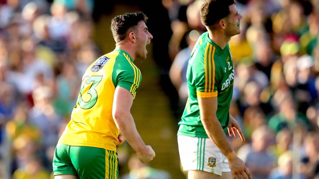 Donegal’s Patrick McBrearty celebrates scoring the winning point late in the Round 3A football qualifier against Meath at Páirc Tailteann in Navan. Photograph: Ryan Byrne/Inpho