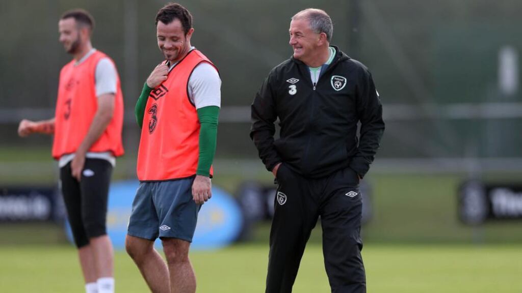 Republic of Ireland interim manager Noel King shares a laugh with midfielder Andy Reid during training at Gannon park in Malahide on Tuesday. Photograph: Donall Farmer/Inpho