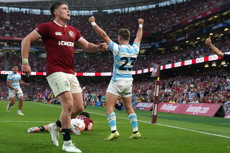 Argentina's Santiago Cordero celebrates scoring the Puma's third try. Photograph: Brian Lawless/PA