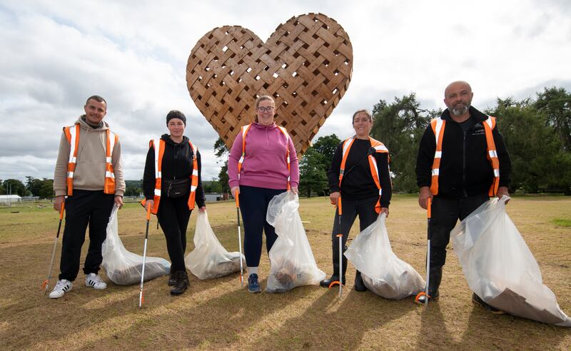 Left to right: Cleaners Andrei Bizau, Gabriela Varsta, Aisling Ryan, Cristina Canta, Alexandru Cojocaru on site in Stradbally after this year's Electric Picnic festival.