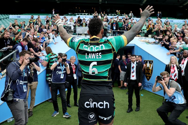Courtney Lawes of Northampton Saints acknowledges the fans as he leaves the pitch following his final appearance for the club. Photograph: David Rogers/Getty Images