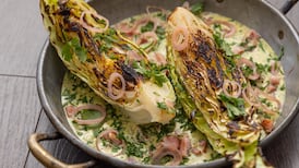 Mark Moriarty’s roasted cabbage with quick bacon and parsley sauce, pickled shallots