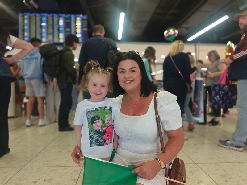 Orla Doran and her three-year-old daughter Ellie, from county Wexford, welcomed home their husband and father Fergal Doran