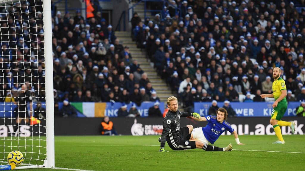 Teemu Pukki puts Norwich ahead in their Premier League clash with Leicester City. Photo: Michael Regan/Getty Images