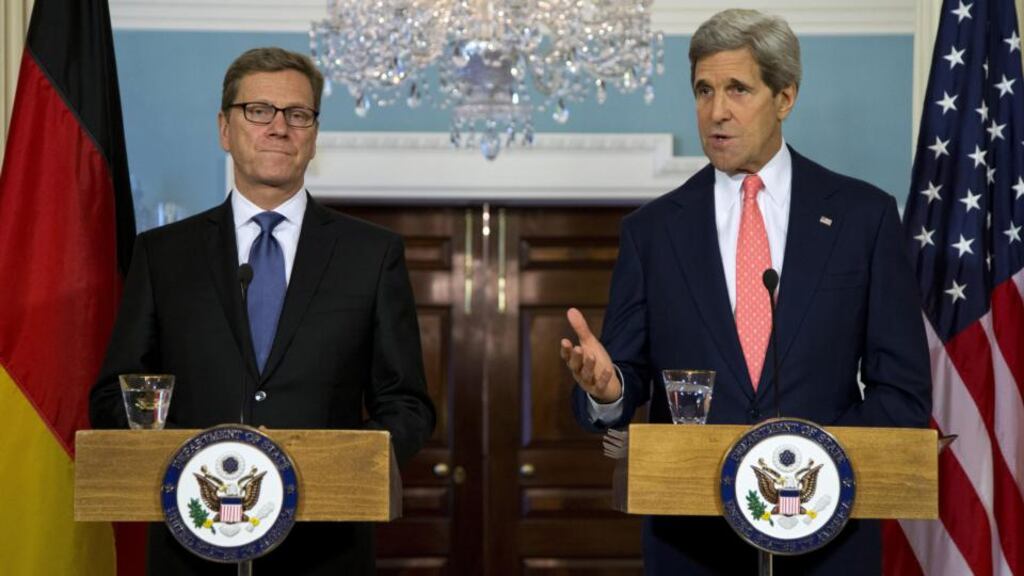 US secretary of state John Kerry during a press conference with German foreign minister Guido Westerwelle yesterday. Mrs Kerry said the S-300s would have “a profoundly negative impact on the balance of interests and the stability of the region and it does put Israel at risk”, while Mr Westerwelle said it would be “totally wrong” for Russia to deliver arms to Syria. Photograph: AP Photo/Evan Vucci