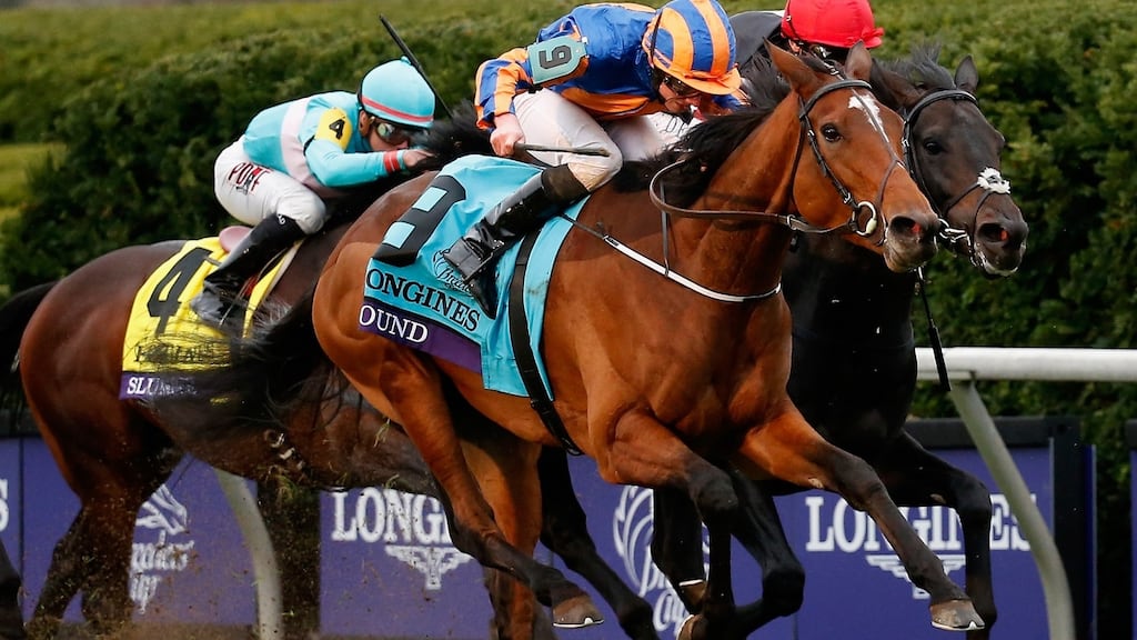 Found ridden by Ryan Moore (L) edges out Golden Horn ridden by Lanfranco Dettorito win the Breeders’ Cup Turf at Keeneland Racecourse in Lexington, Kentucky. Photograph: Rob Carr/Getty