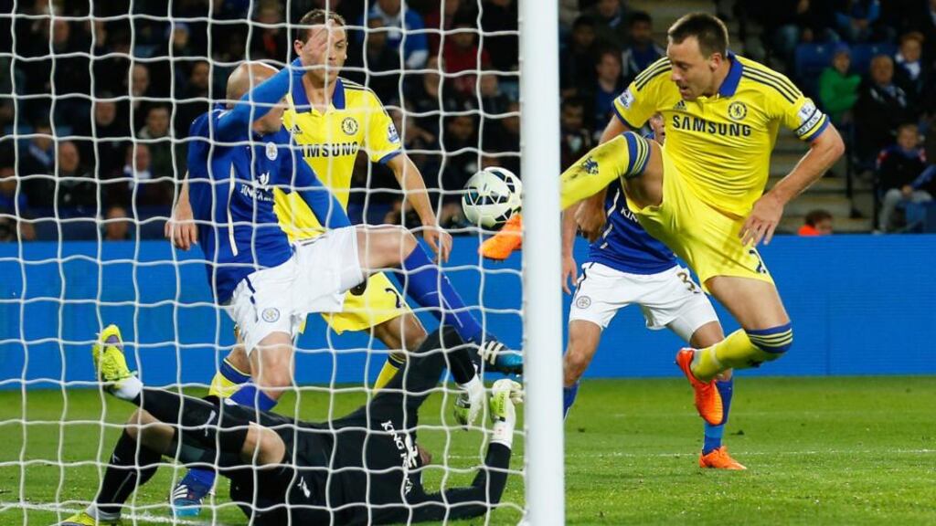 John Terry scores Chelsea’s second goal during the Premier League game against Leicester City at King Power Stadium. Photo: Carl Recine/Action Images via Reuters/Livepic