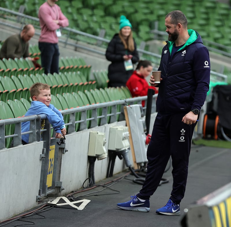 Ireland head coach Andy Farrell talks with his grandchild, Tommy, during the Ireland captain's run. Photograph: David Rogers/Getty Images)