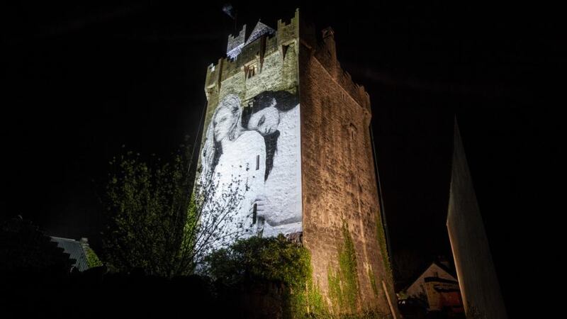 A new referendum mural by artist Joe Caslin, who also created the mural on St Gt George’s Street, has been installed on a 15th-century castle near Craughwell, Co Galway. Photograph: David Sexton