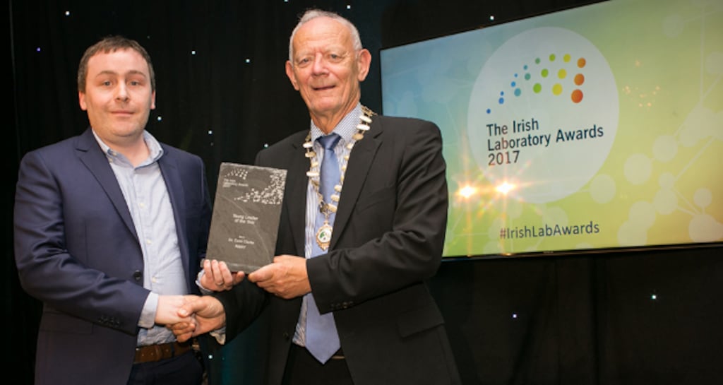 Conor O'Brien, President of the Irish Science Teachers Association presented the Young Leader of the Year award to Dr. Colin Clarke - NIBRT. Irish Lab Awards, 2017.