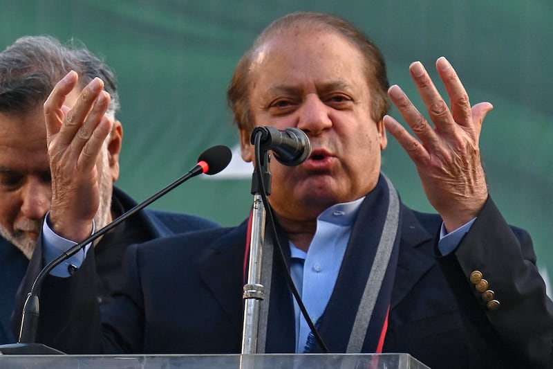 Nawaz Sharif speaks this week during an election campaign rally in Lahore. Photograph: Arif Ali/AFP via Getty Images