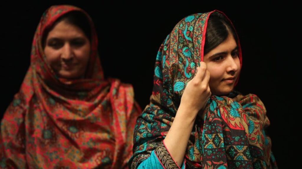 Joint Nobel winner Malala Yousafzai and her mother Torpekai at a press conference in Birmingham yesterday. Photograph: Christopher Furlong/Getty Images