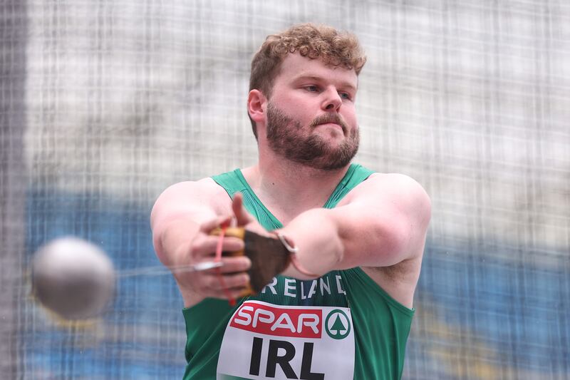 Sean Mockler competes in the Men's Hammer Throw - Division 3 at the European Games 2023 in Poland. Photograph: Dean Mouhtaropoulos/Getty Images