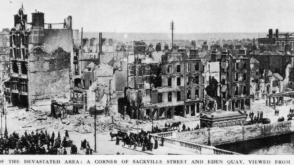 The bombed buildings at the corner of Sackville Street (now O’Connell Street) and Eden Quay on the banks of the Liffey in Dublin. The buildings were shelled by the British admiralty gunboat, the Helga, during the Easter Rising. Photograph: Getty Images