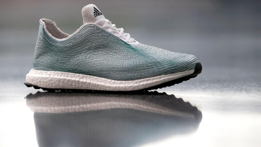 An Adidas shoe made from recycled ocean plastic