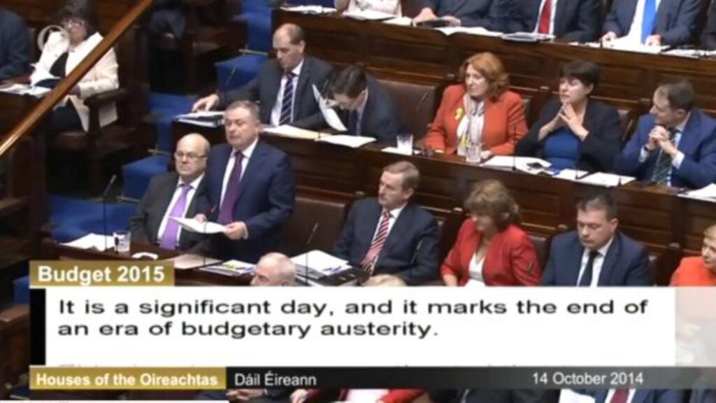 Screengrab of Minister for Public Expenditure and Reform Brendan Howlin presenting his Budget 2015 speech in the Dáil today.