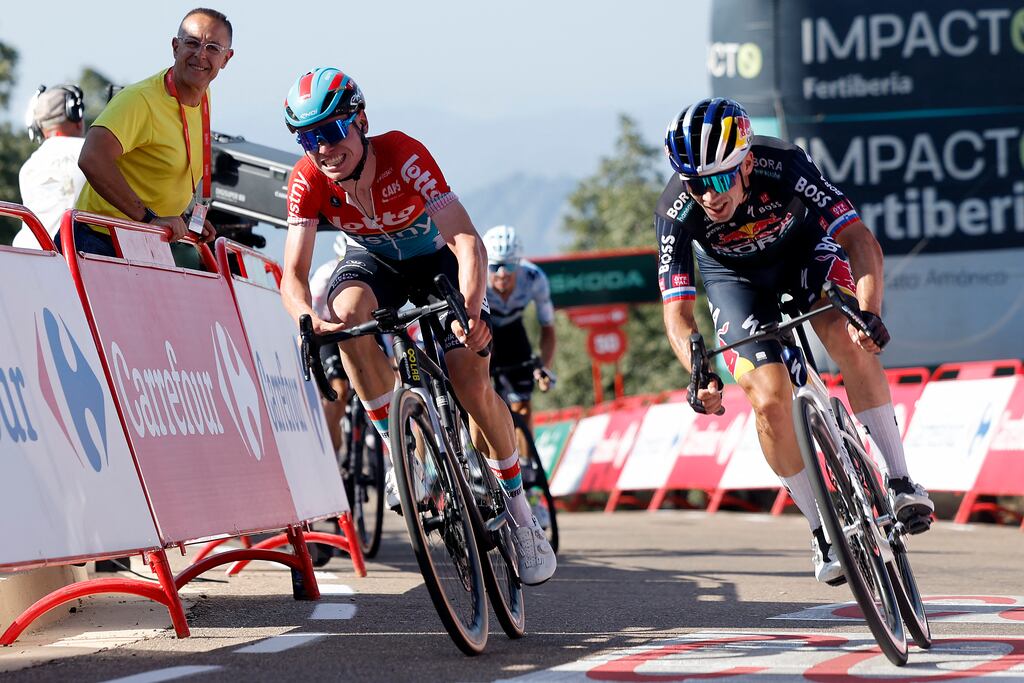 Primoz Roglic (right) and Lennert Van Eetvelt sprint to cross the finish line in first and second place respectively at the end of the stage four of the Vuelta a Espana between Plasencia and Pico Villuercas. Photograph: Oscar Del Pozo/AFP via Getty Images)