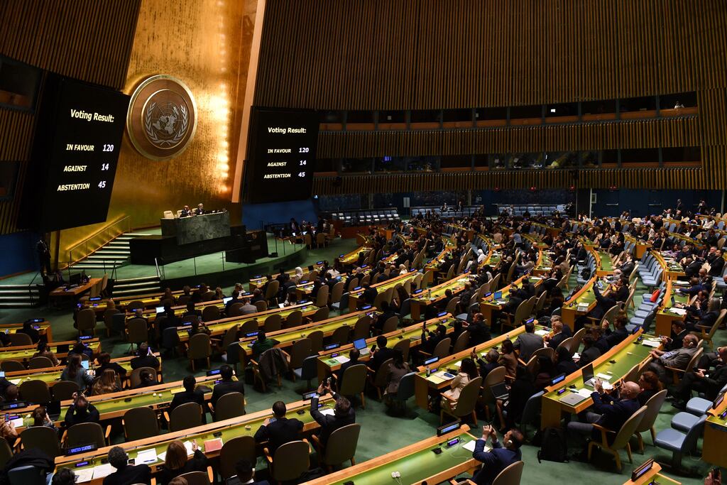 The UN general assembly votes for an "immediate humanitarian truce". The nonbinding resolution, received 120 votes in favour, 14 against and 45 abstentions. Photograph: Andrea Renault/AFP via Getty Images