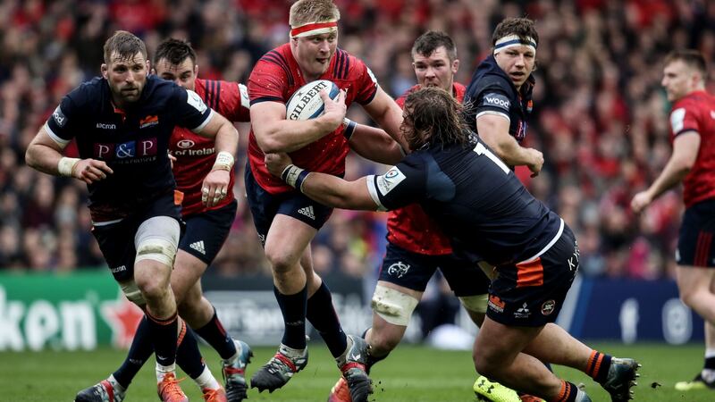 Munster’s John Ryan in action with Pierre Schoeman of Edinburgh. Photograph: Dan Sheridan/Inpho