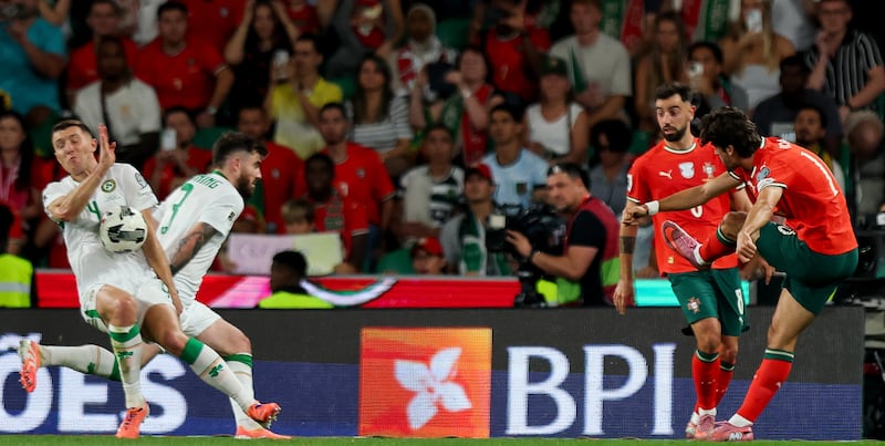 Ireland's Dara O'Shea concedes penalty. Photograph: Ryan Byrne/Inpho