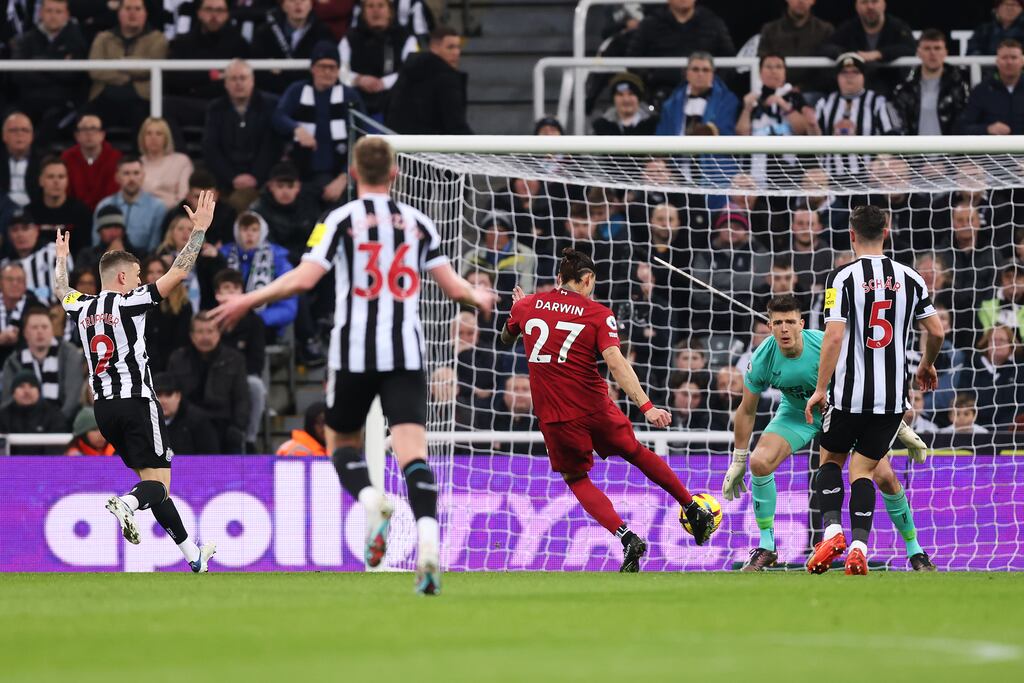 Darwin Nunez scores the opening goal for Liverpool at St James Park. Photograph: George Wood/Getty Images