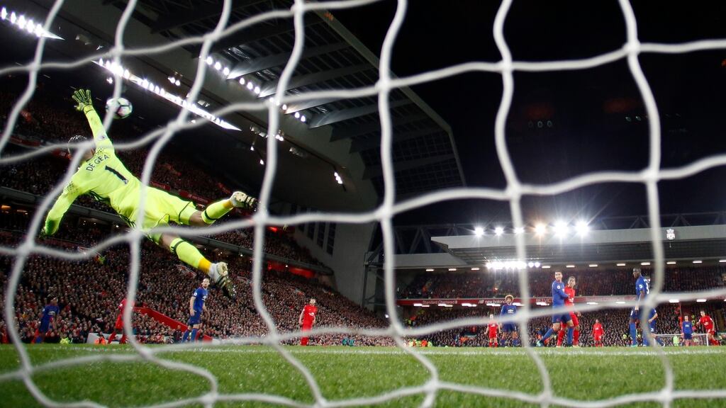 Manchester United’s David De Gea saves from Liverpool’s Philippe Coutinho. Photo: Reuters/Phil Noble