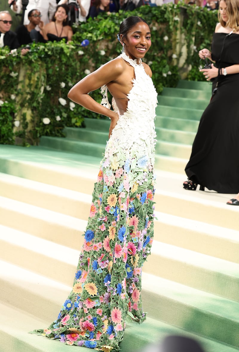 Ayo Edebiri made her Met Gala debut in a floral lace halter-neck gown. Photograph: Aliah Anderson/Getty Images