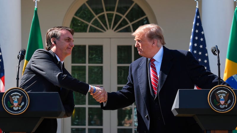 Jair Bolsonaro with Donald Trump in the Rose Garden at the White House in Washington on Mardh 19th. Photograph: Jim Watson/AFP via Getty Images