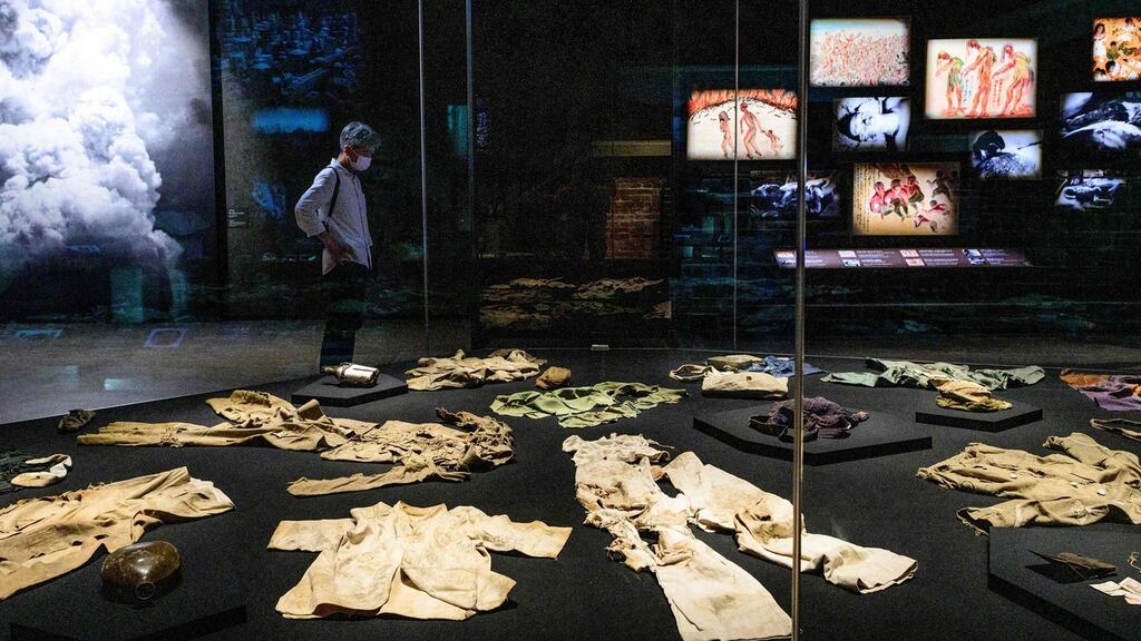 A man wearing at Hiroshima Peace Memorial Museum in Japan. Photograph: Philip Fong/AFP via Getty