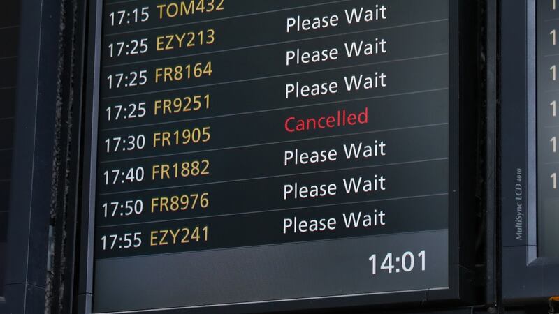 A cancelled Ryanair flight on a departure board at Stansted Airport. Photograph: Neil HalL/EPA