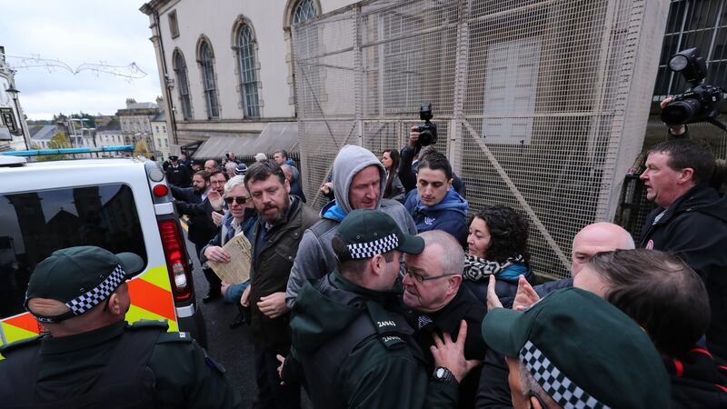 Supporters of John Downe outside the court on Saturday. Photograph: Nial Carson/PA