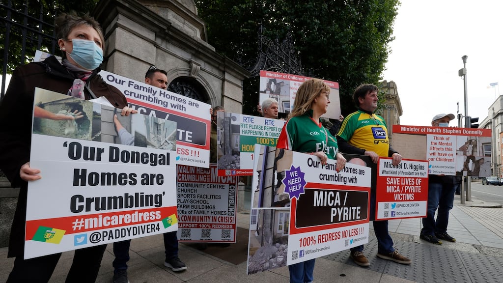 Members of north Mayo Pyrite Group and MAG Mica Action Group Donegal protesting outside the Dáil. Photograph: Alan Betson