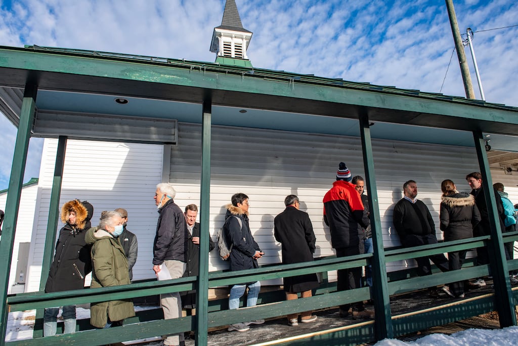 People wait in line to hear Republican presidential hopeful and former UN ambassador Nikki Haley speak during a campaign event in Franklin, New Hampshire on Monday. Photograph: Joseph Prezioso/AFP via Getty Images