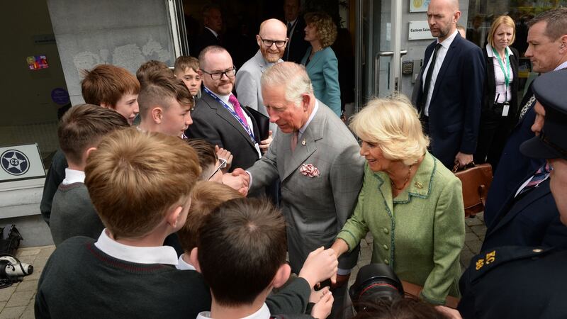 Prince Charles and his wife Camilla meeting first year students from CBS Kilkenny, during their visit to Cartoon Saloon, Kilkenny. Photograph: Dara Mac Dónaill / The Irish Times