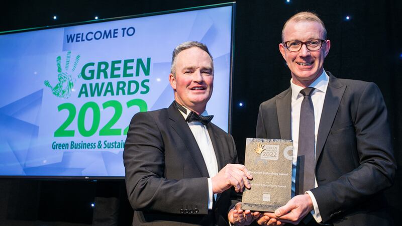 Tom Tynan, Head of Sustainability Advisory at Davy Horizons, presents The Green Technology Award to Sean Laffey, Irish Water & Kerry County Council team.