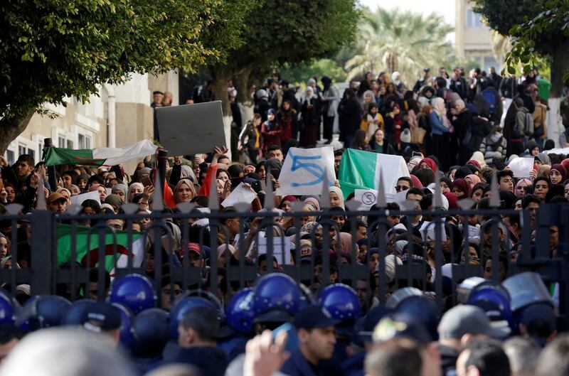 Police block a university’s gate while students protest inside the campus against president Abdelaziz Bouteflika’s plan to extend his 20-year rule by seeking a fifth term in Algiers, Algeria on February 26th. Photograph:Ramzi Boudina/Reuters