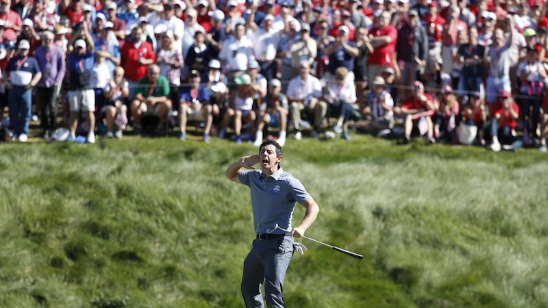 Rory McIlroy gestures to the crowd during his singles match against Patrick Reed at the 2016 Ryder Cup at Hazeltine. Photograph: Jerry Holt/Getty Images
