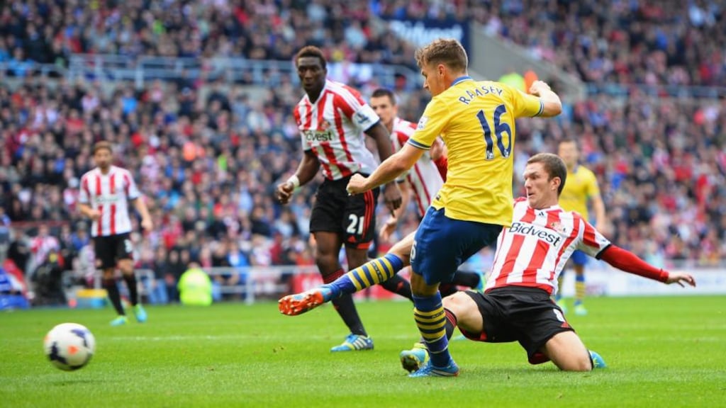 Arsenal’s Aaron Ramsey scores his second goal during the Premier League match against Sunderland at the Stadium of Light. Photograph: Laurence Griffiths/Getty Images