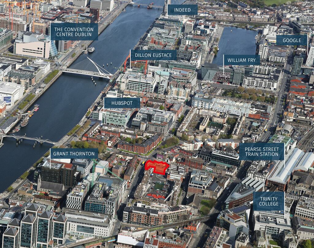 An aerial view of the site at the junction of 19-20 Lombard Street and 112-14 Townsend Street, Dublin 2