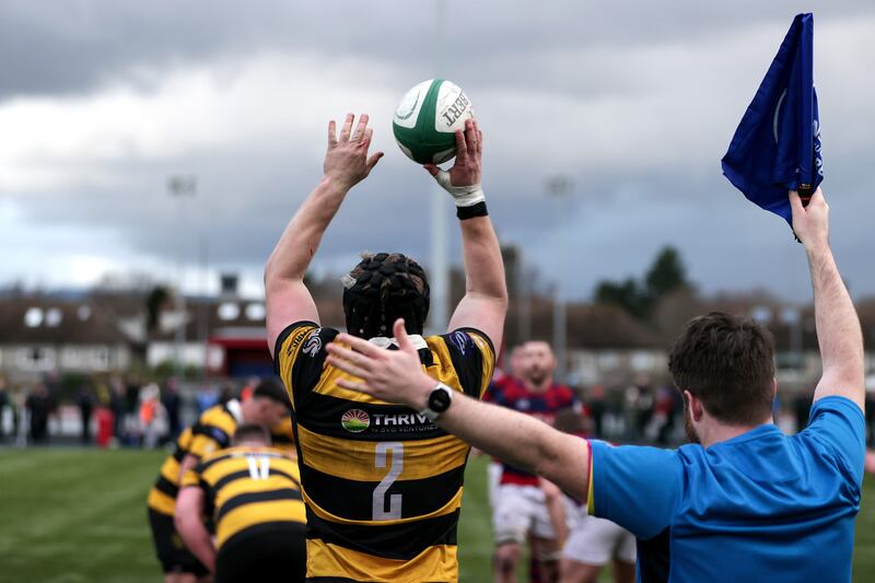 Young Munster's Chris Moore during a lineout against Clontarf at Castle Avenue. Photograph:
Mandatory Credit ©INPHO/Laszlo Geczo
