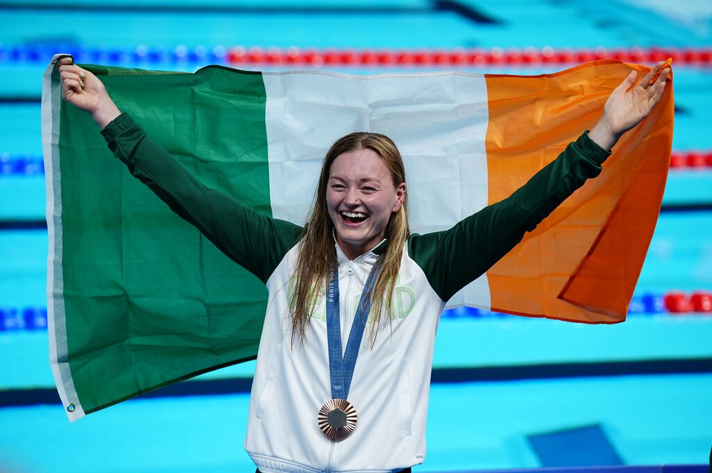 Olympics: Ireland's Mona McSharry celebrates with her Bronze medal after the Women's 100m Breaststroke Final at the Paris La Defense Arena . Photograph: Peter Byrne/PA Wire