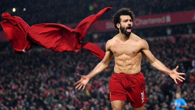 Mohamed Salah celebrates after scoring Liverpool’s second goal during the Premier League match against Manchester United at Anfield in January. Photograph: Michael Regan/Getty Images